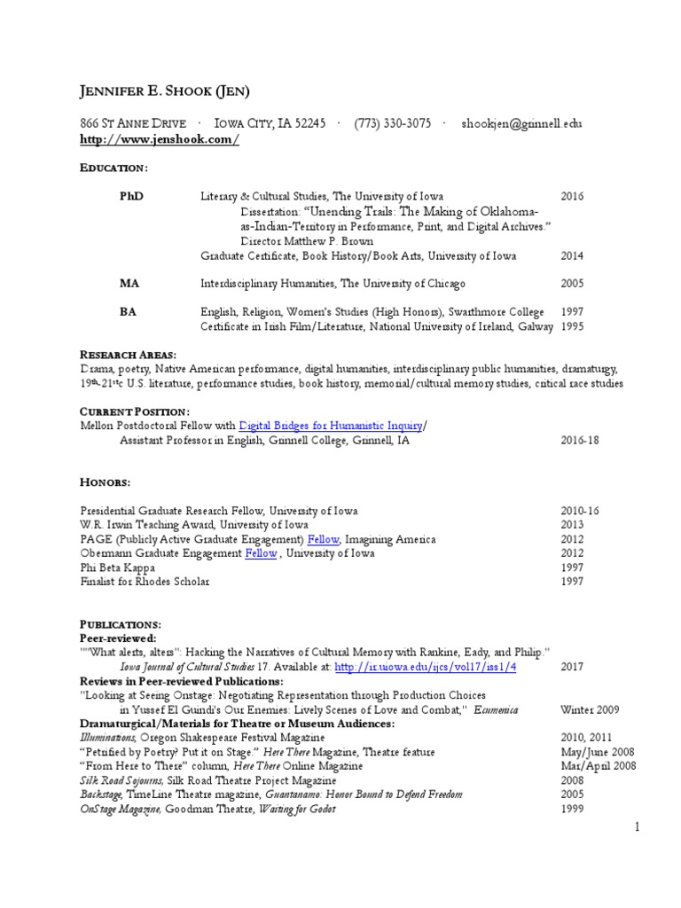 Jennifer Shook: Academic Profile | PDF | Humanities | Theatre
