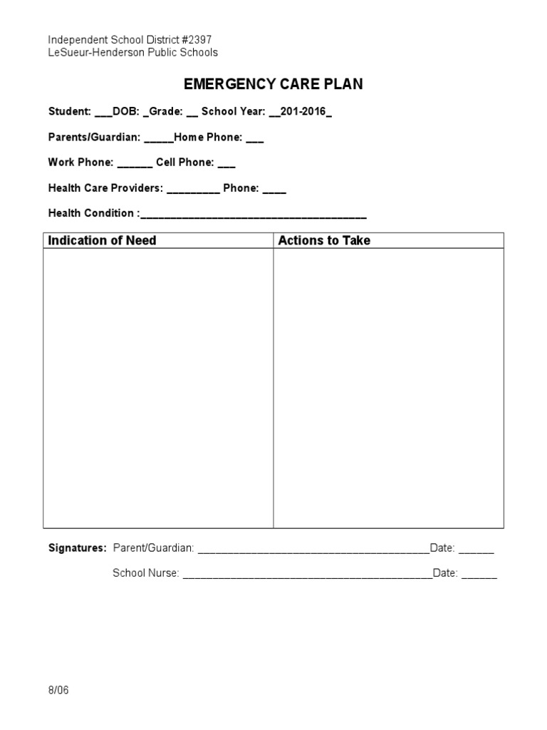 Emergency Care Plan for Students | PDF