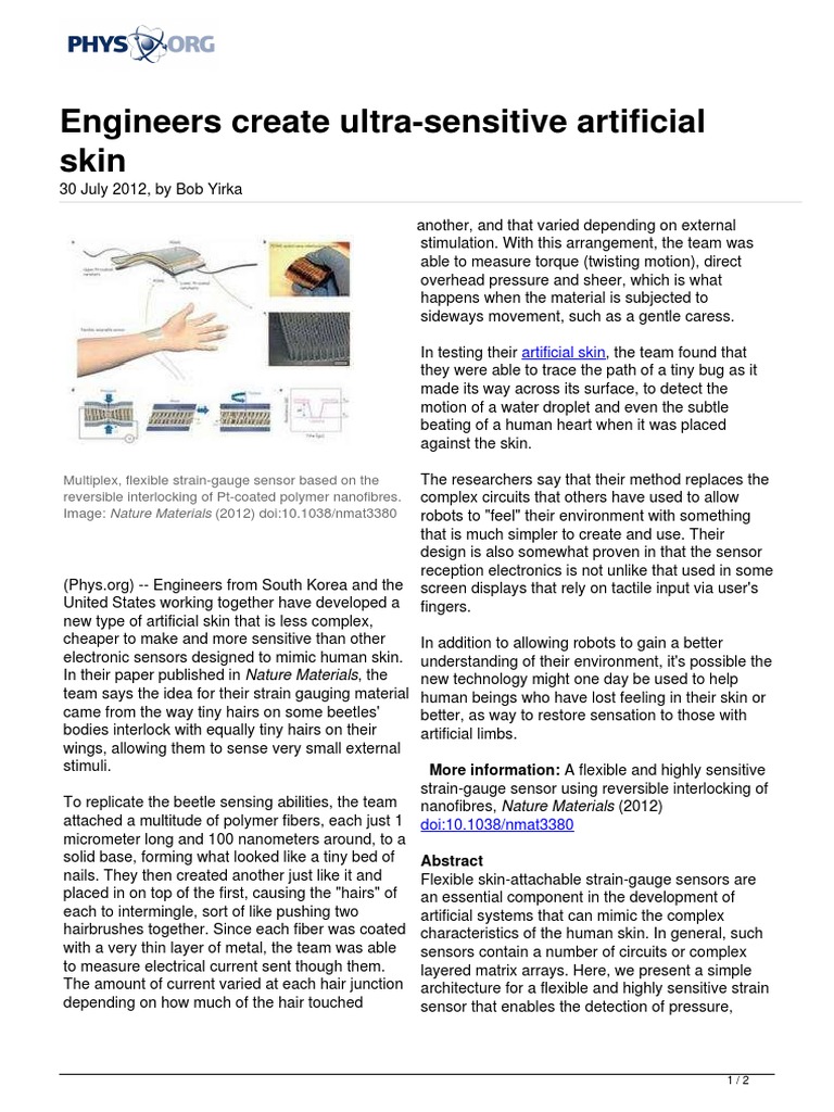 2012 07 Ultra Sensitive Artificial Skin | PDF | Somatosensory System ...