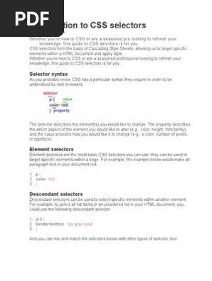 Introduction To Css Selectors Cascading Style Sheets Html Element