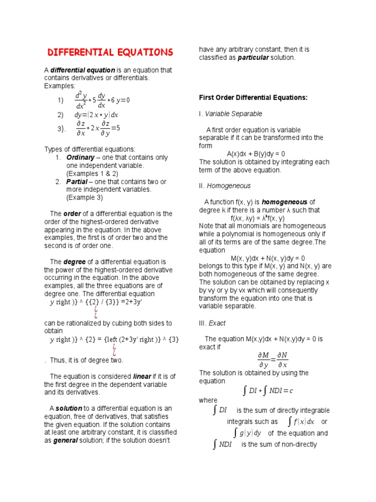 Differential Equations Overview and Solutions | PDF | Equations ...