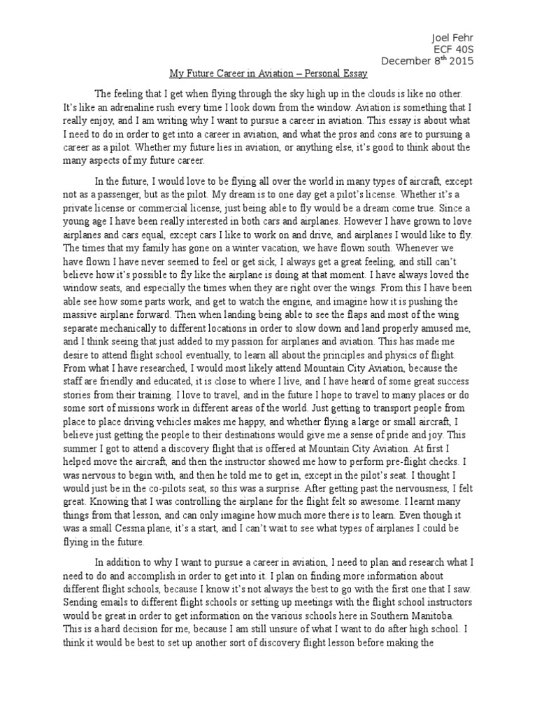 Personal Essay On Future Career in Aviation Airplane Aviation
