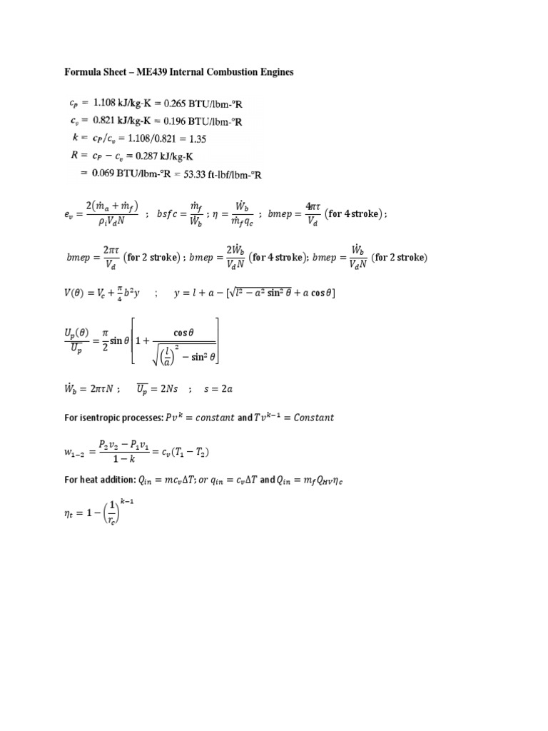 ME439 IC Engine Formula Sheet | PDF