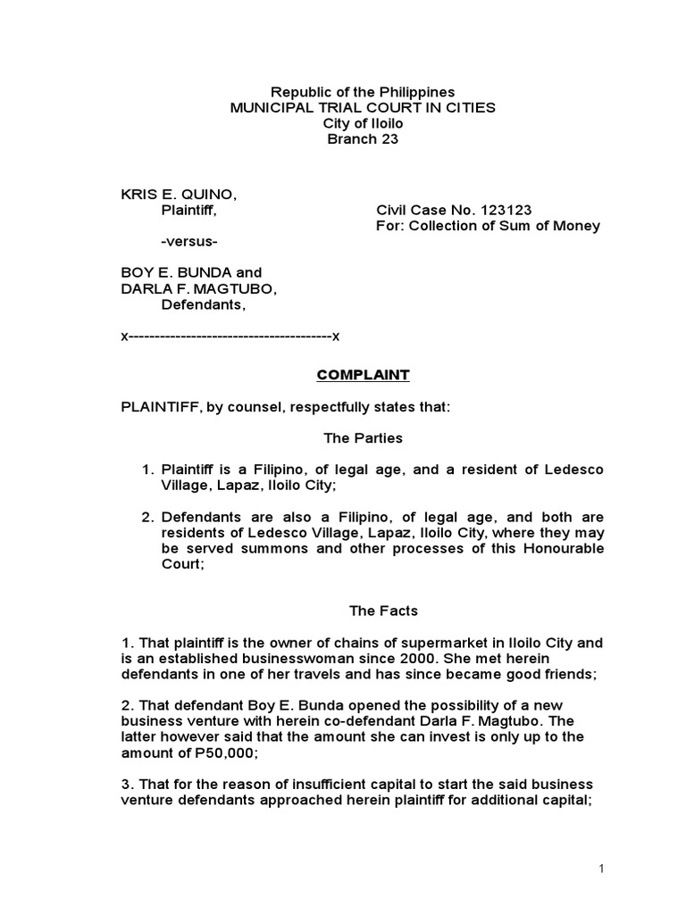 Complaint For Collection | PDF | Law