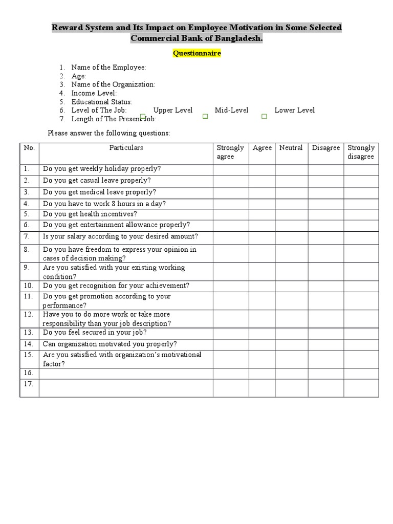 Questionnaire On Job Satisfaction  PDF