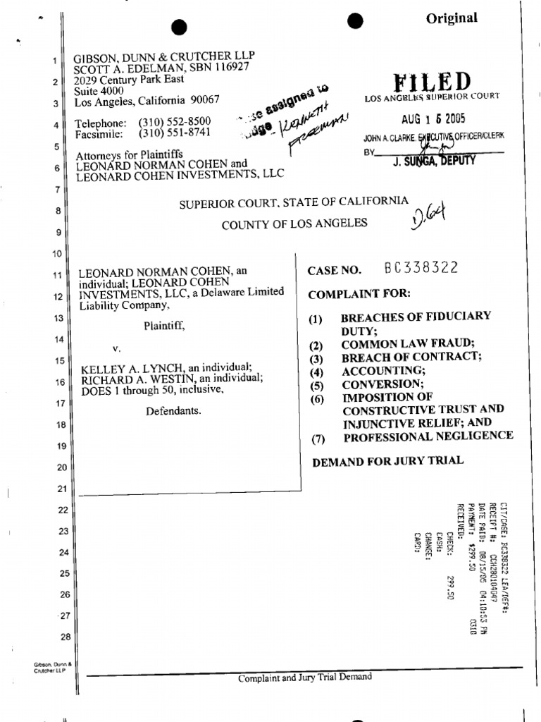 Leonard Cohen Complaint Against Kelley Lynch