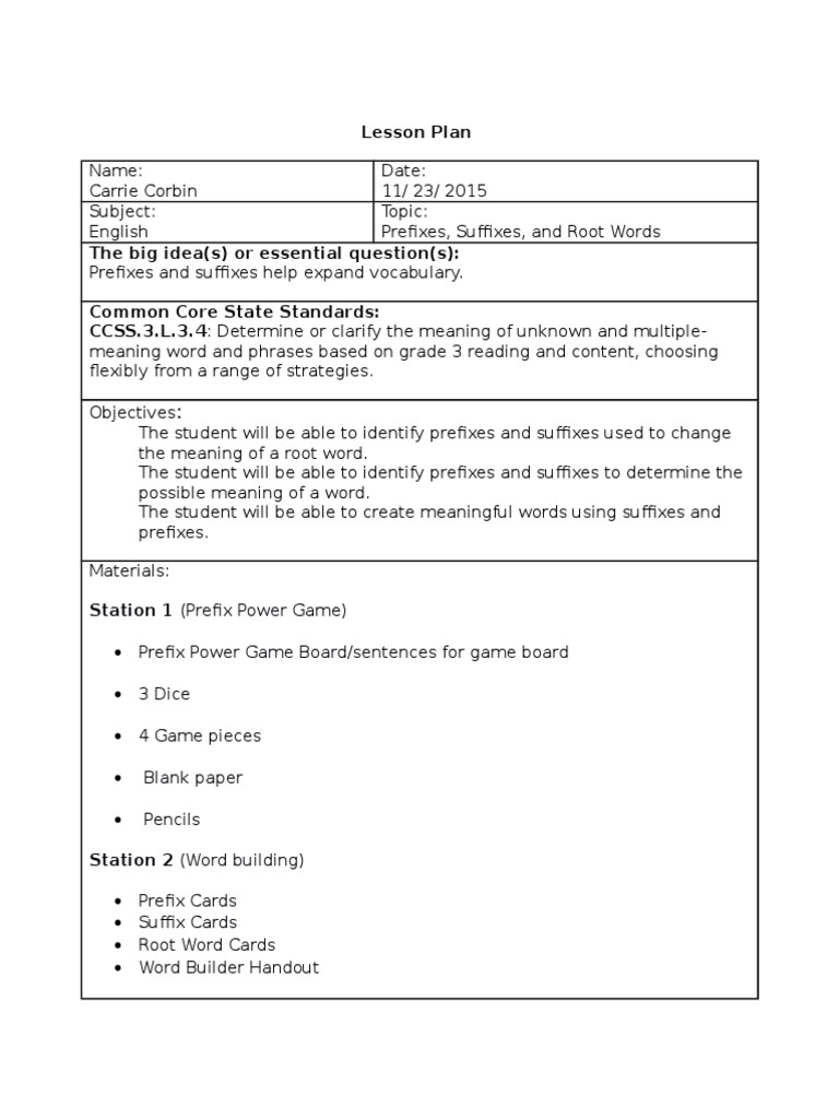 Prefixes and Suffixes Lesson Plan | PDF | Word | Educational Assessment