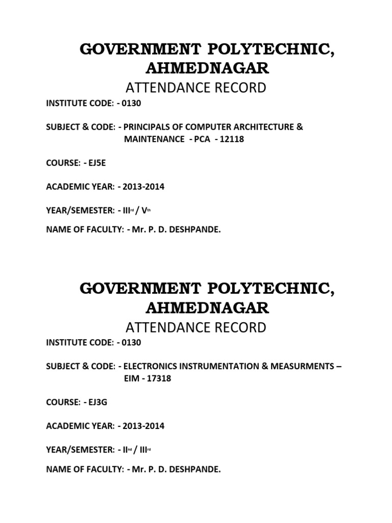Government Polytechnic, Ahmednagar Attendance Record PDF