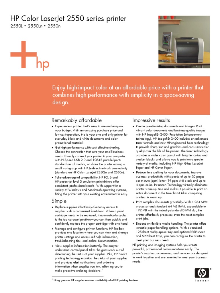 2550 Datasheet | Printer (Computing) | Hewlett Packard. HP Color LaserJet  2550n Printer Discontinued