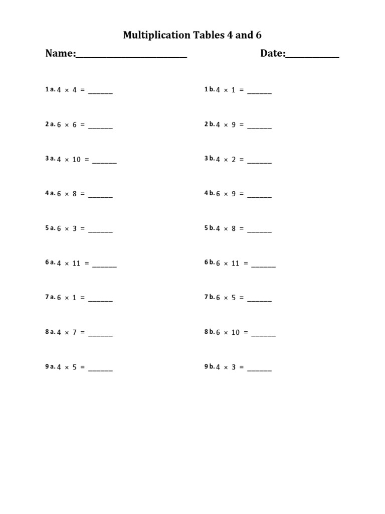 4 and 6 Times Tables Worksheet | PDF | Teaching Methods & Materials