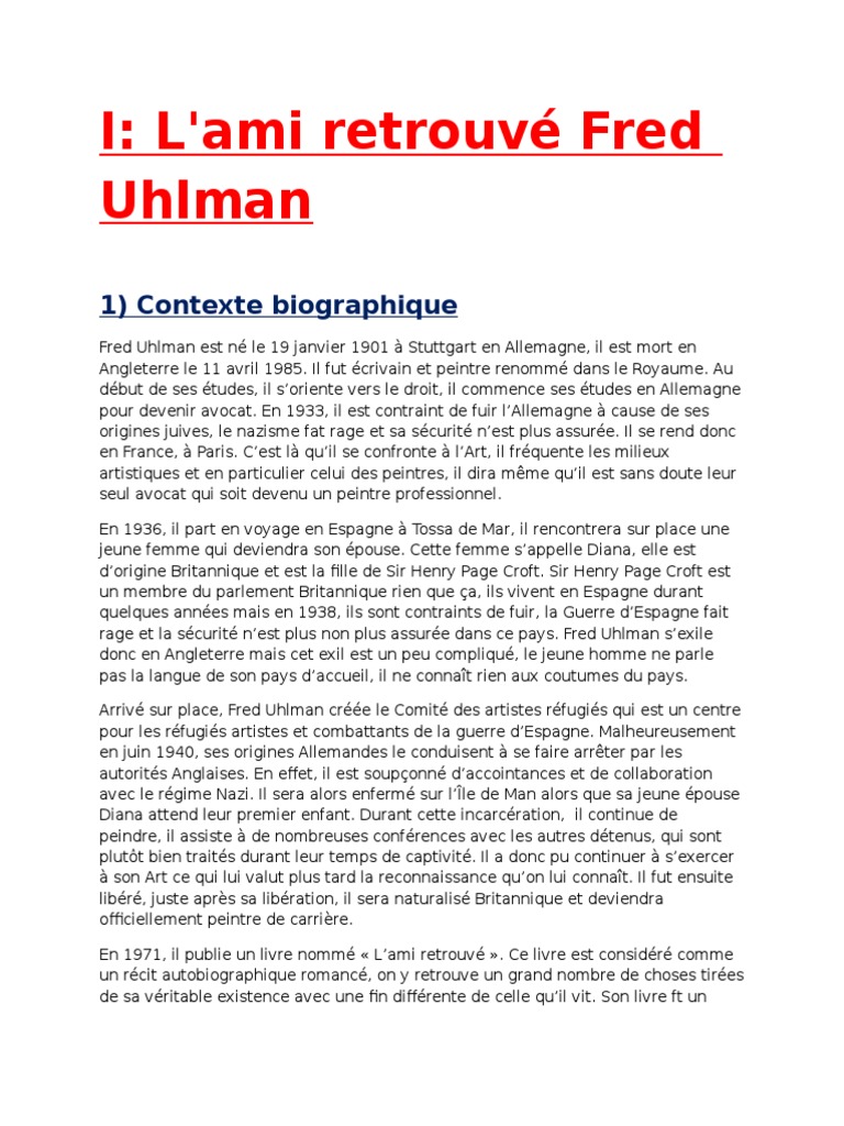 L Ami Retrouve Resume De Chaque Chapitre L'Ami Retrouvé Fred Uhlman | PDF | Parti nazi | Allemagne nazie