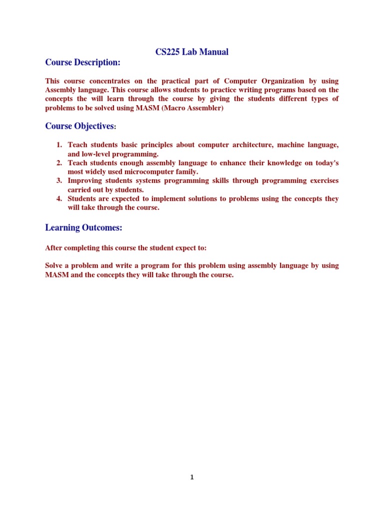 CS 225 Assemply Lab Manual -To Be Completed | Assembly Language | Numbers