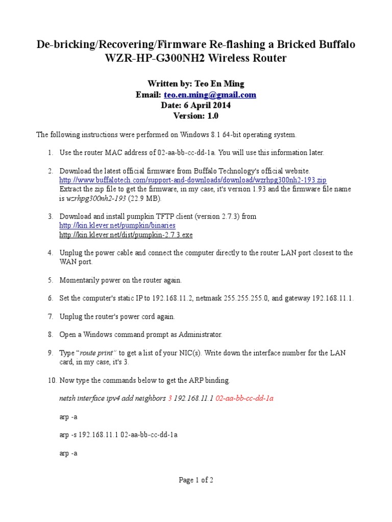 De Bricking Recovering Firmware Re Flashing A Bricked Buffalo Wzr Hp G300nh2 Wireless Router