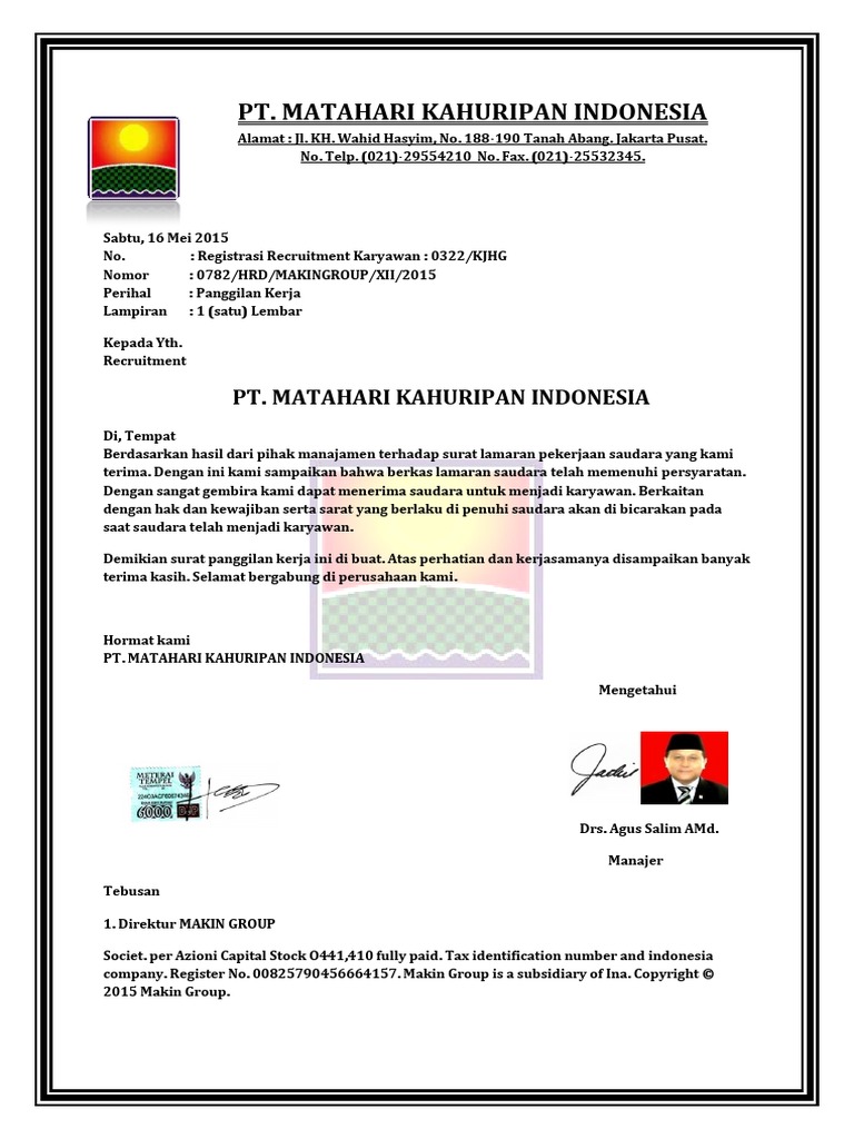 Surat Panggilan Kerja Pt Matahari Kahuripan Indonesia