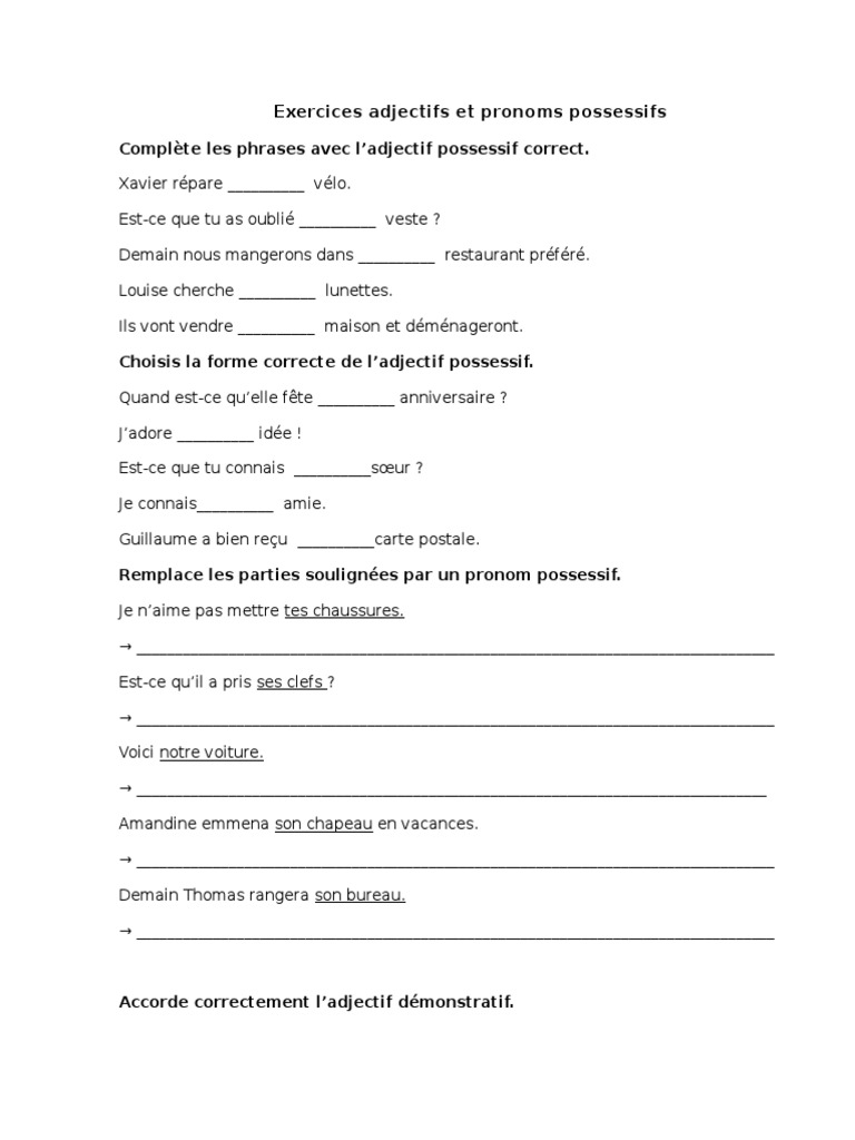 Les Pronoms Possessifs Exercices Pdf Exercices Adjectifs Et Pronoms Possessifs | PDF | Pronom | Relations  syntaxiques