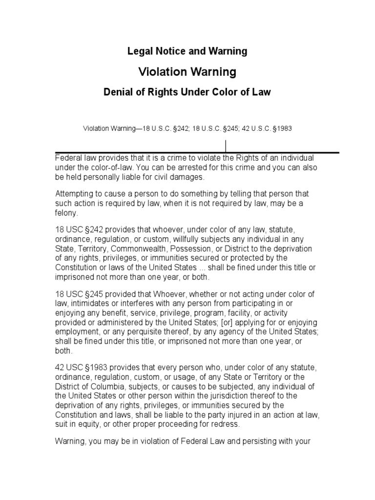 Warning Notice Regarding Violations of Federal Civil Rights Laws Under Color of Law PDF