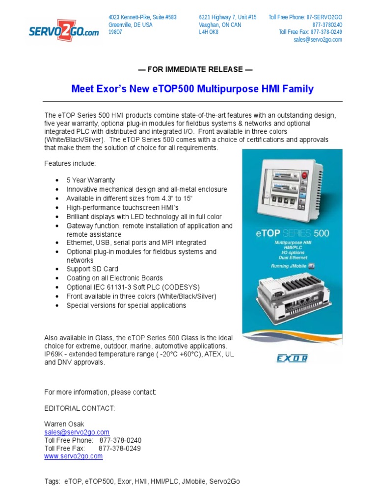 Exor eTOP500 HMI Series Overview | PDF