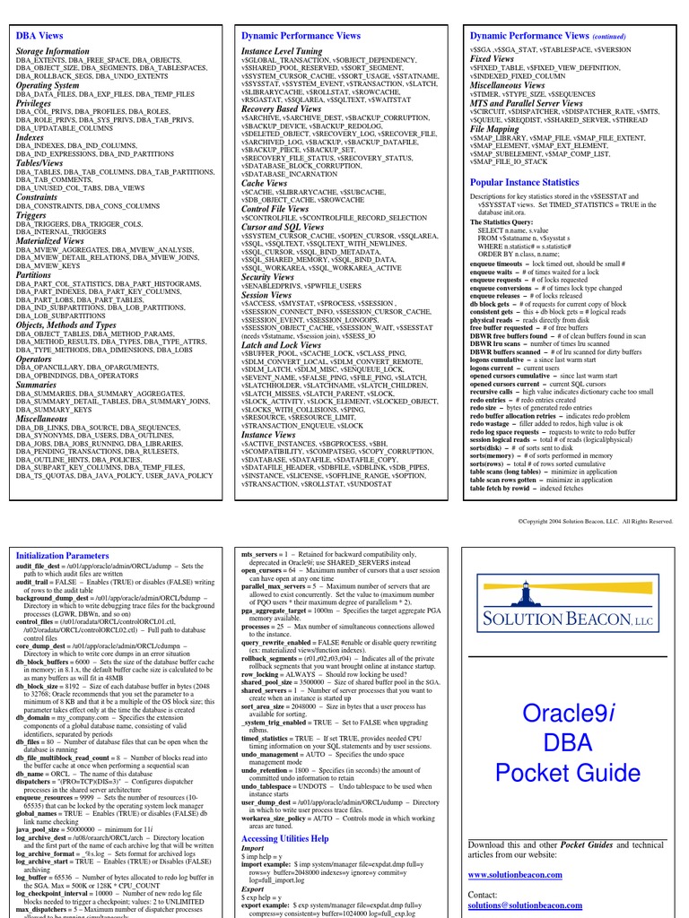 ORACLE9 I DBAPOCKETGUIDE | PDF | Oracle Database | Computer Data