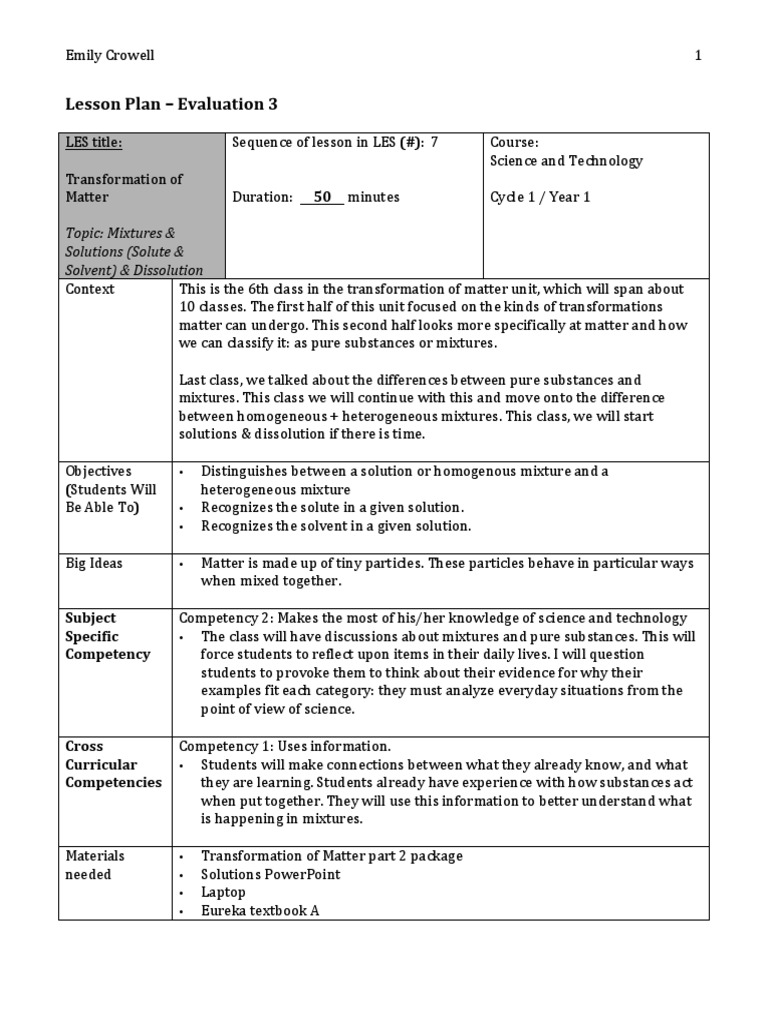 Mixtures & Solutions Lesson Plan | PDF | Mixture | Homogeneity And ...