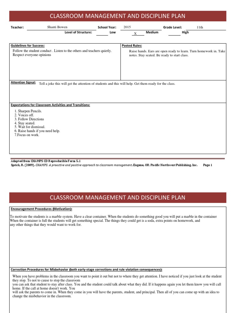 Classroom Management Plan Template | PDF | Classroom Management | Teaching