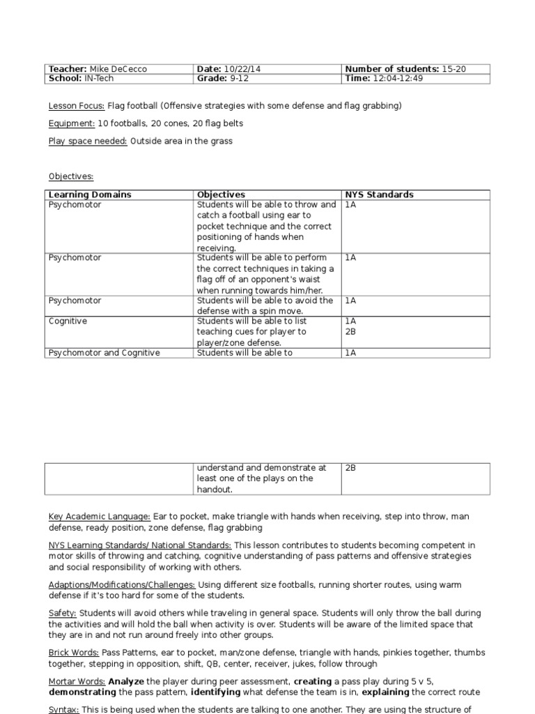 Flag Football Lesson Plan 3 1 PDF Quarterback American Football