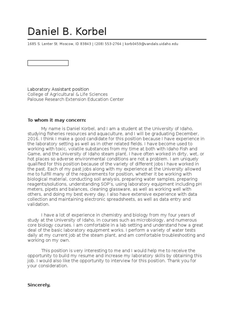 Laboratory Assistant Application - Daniel Korbel | PDF