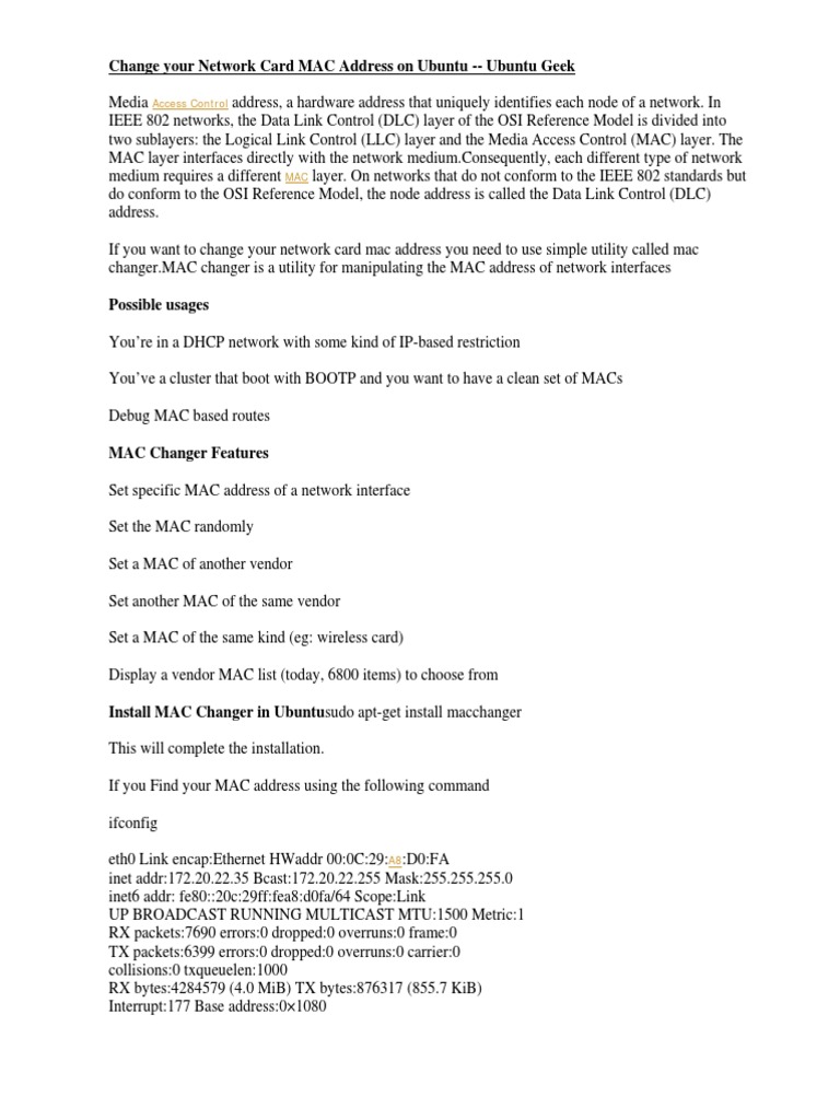 Change Your Network Card MAC Address On Ubuntu PDF Computer Network