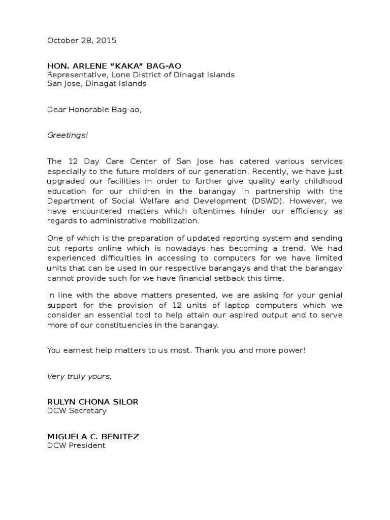 Dcw Laptop Computer Request letter sample