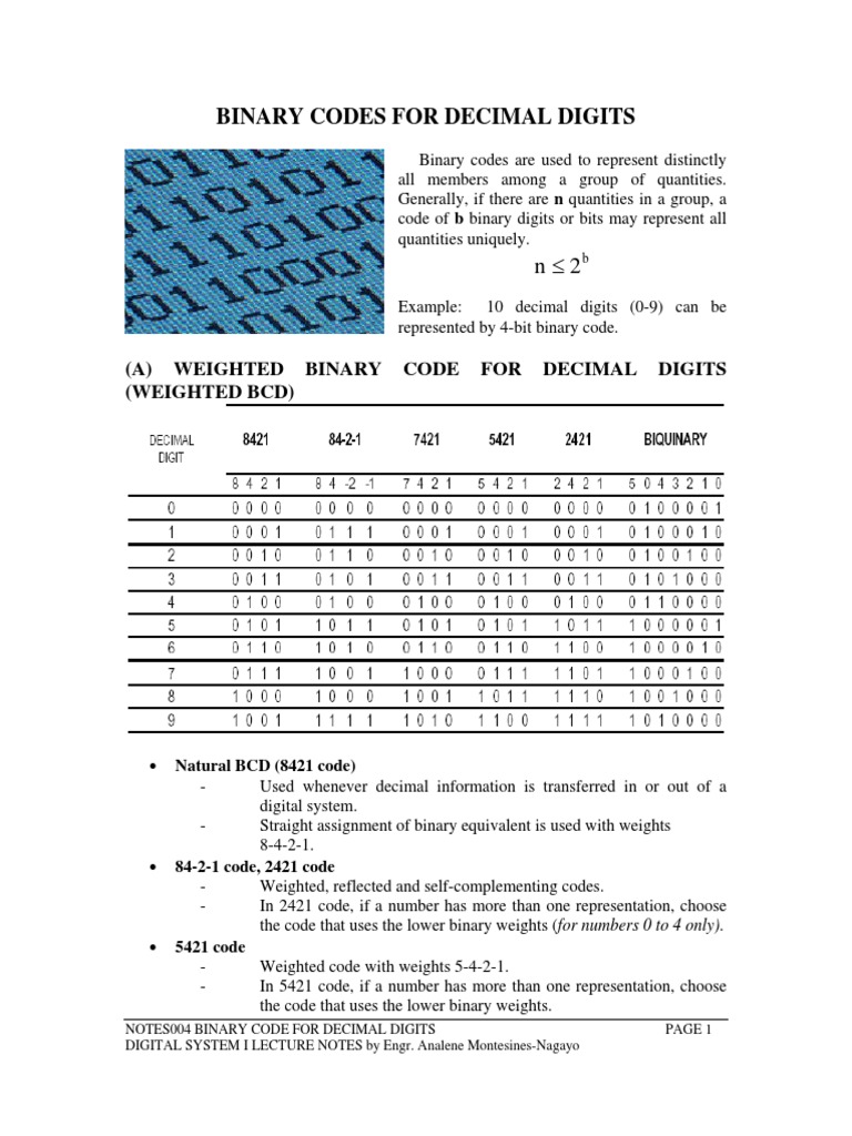 Binary Codes for Decimal Digits | PDF | Binary Coded Decimal | Ascii