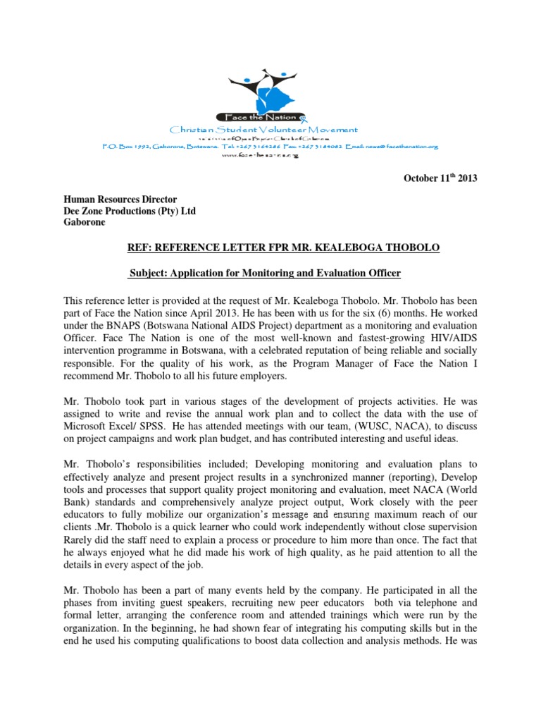 Reference Letter for Mr. Thobolo | PDF | Monitoring And Evaluation ...