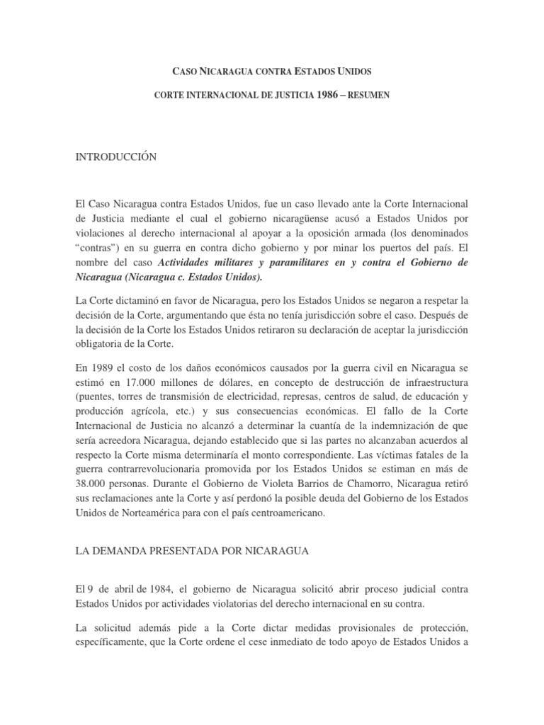 Caso Nicaragua Contra Estados Unidos PDF Contras Relaciones