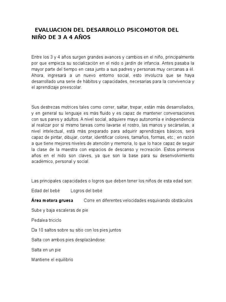 Evaluacion Del Desarrollo Psicomotor Del Niño de 3 A 4 Años | Adultos ...
