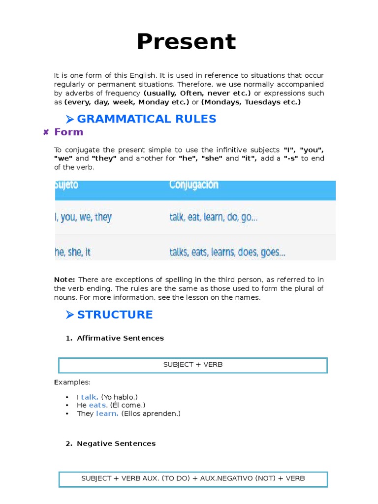 Present Simple: Grammatical Rules | PDF | Verb | Subject (Grammar)