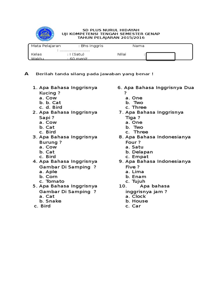 Soal Bhs Inggris Sd Kelas 1