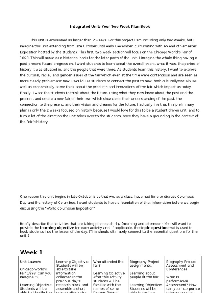 Two-Week Chicago Fair Unit Plan | PDF | Educational Assessment ...