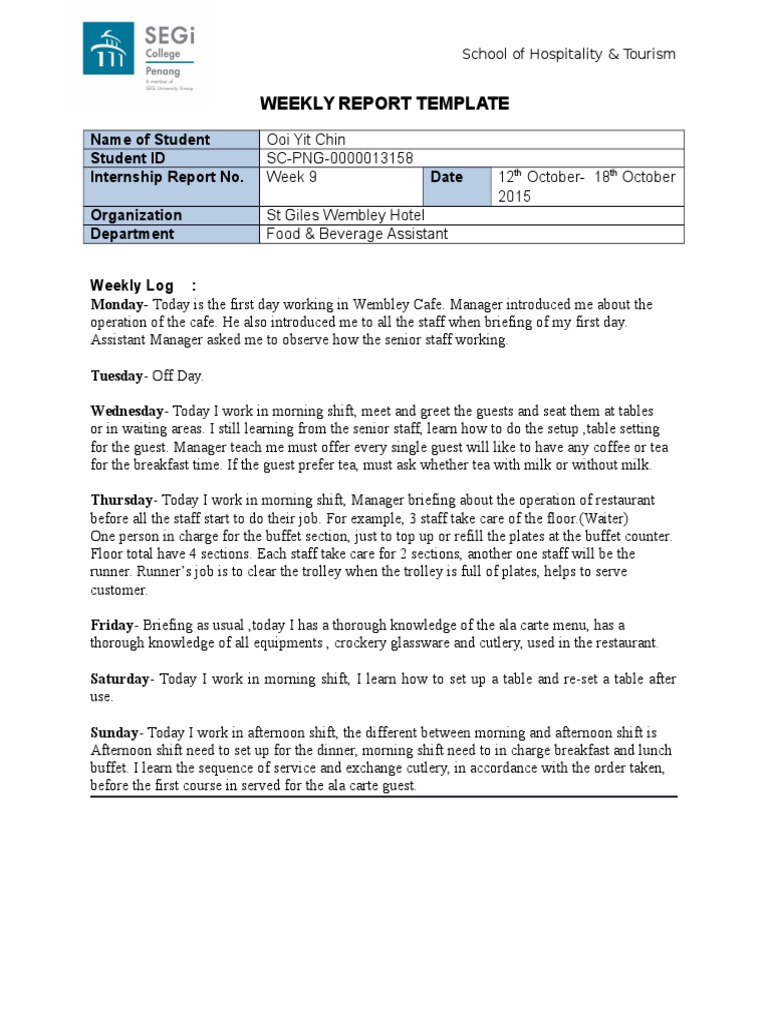 Weekly F&B Internship Report: Week 9 | PDF