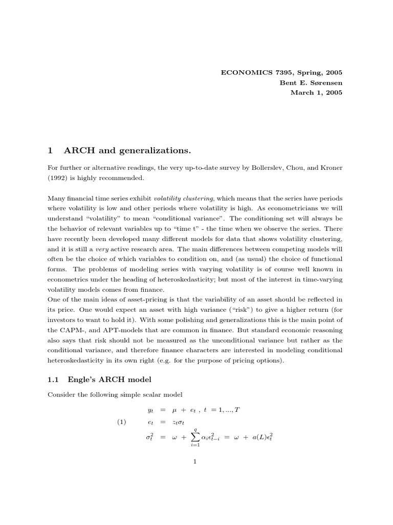 1 ARCH and Generalizations.: 1.1 Engle's ARCH Model | PDF | Stationary ...