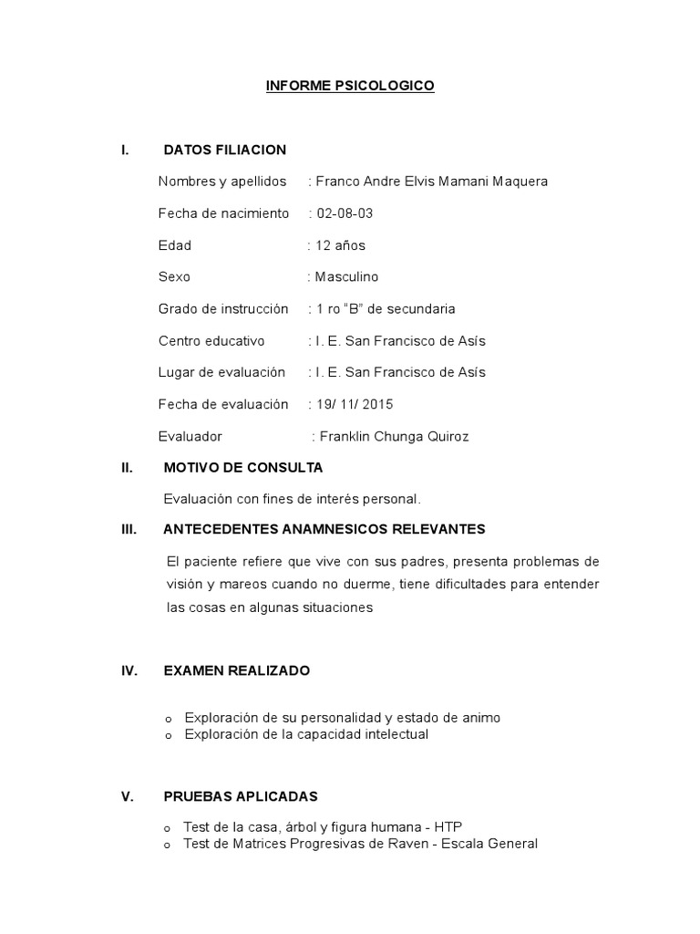 Informe Psicológico de Evaluación Infantil | PDF | Temor | Las emociones