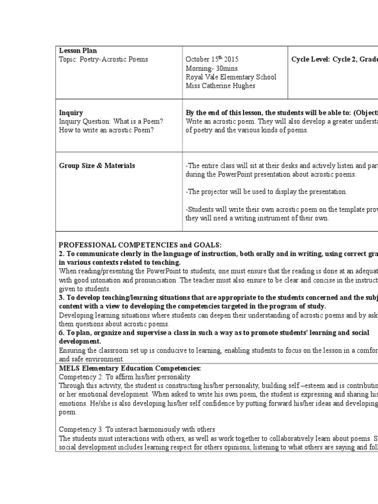 Lesson Plan On Acrostic Poemsv2 Lesson Plan Teaching