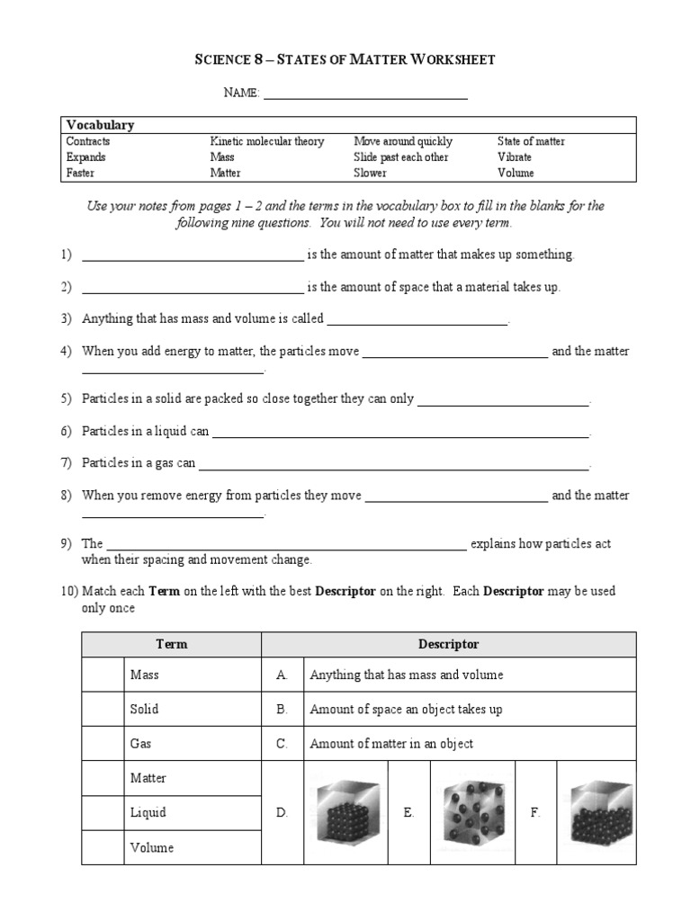 States of Matter Worksheet  Gases  Matter Within States Of Matter Worksheet Chemistry