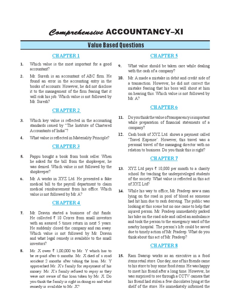 Value-Based Questions in Accountancy XI | PDF | Cheque | Accounting