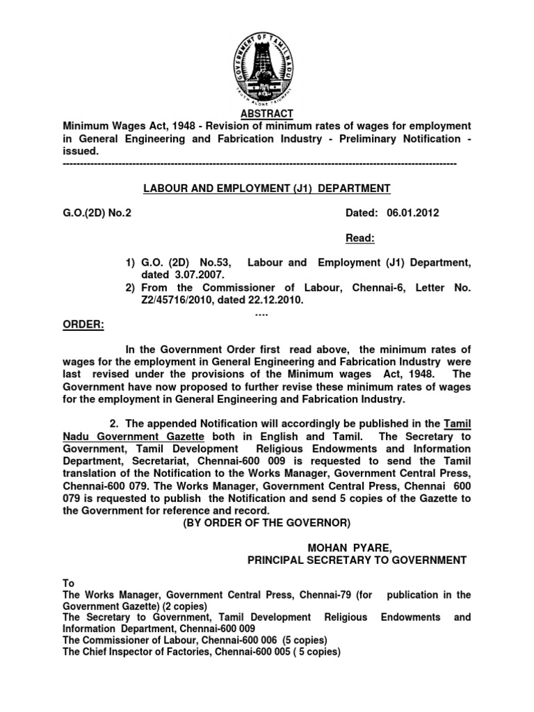 TN Minimum Wages For General Engg PDF Trade Union Government