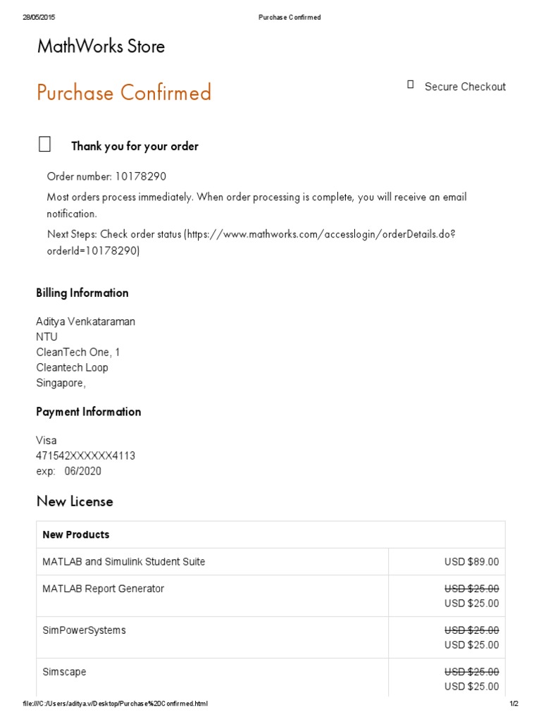 Purchase Confirmed: Mathworks Store | PDF