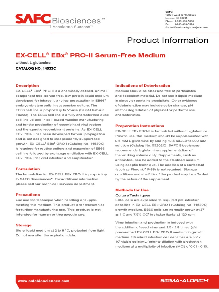 EX-CELL® EBx® PRO-II Serum-Free Medium Without L-Glutamine | PDF | Cell ...
