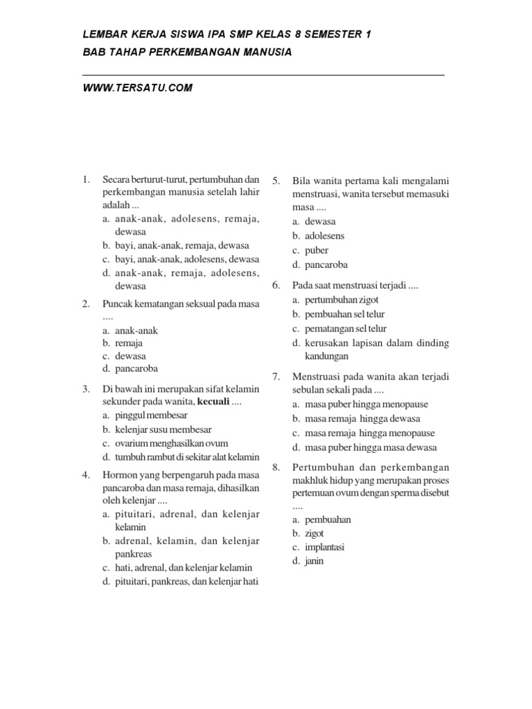 Soal Uh Ipa Kelas 8 Bab Tahap Perkembangan Manusia