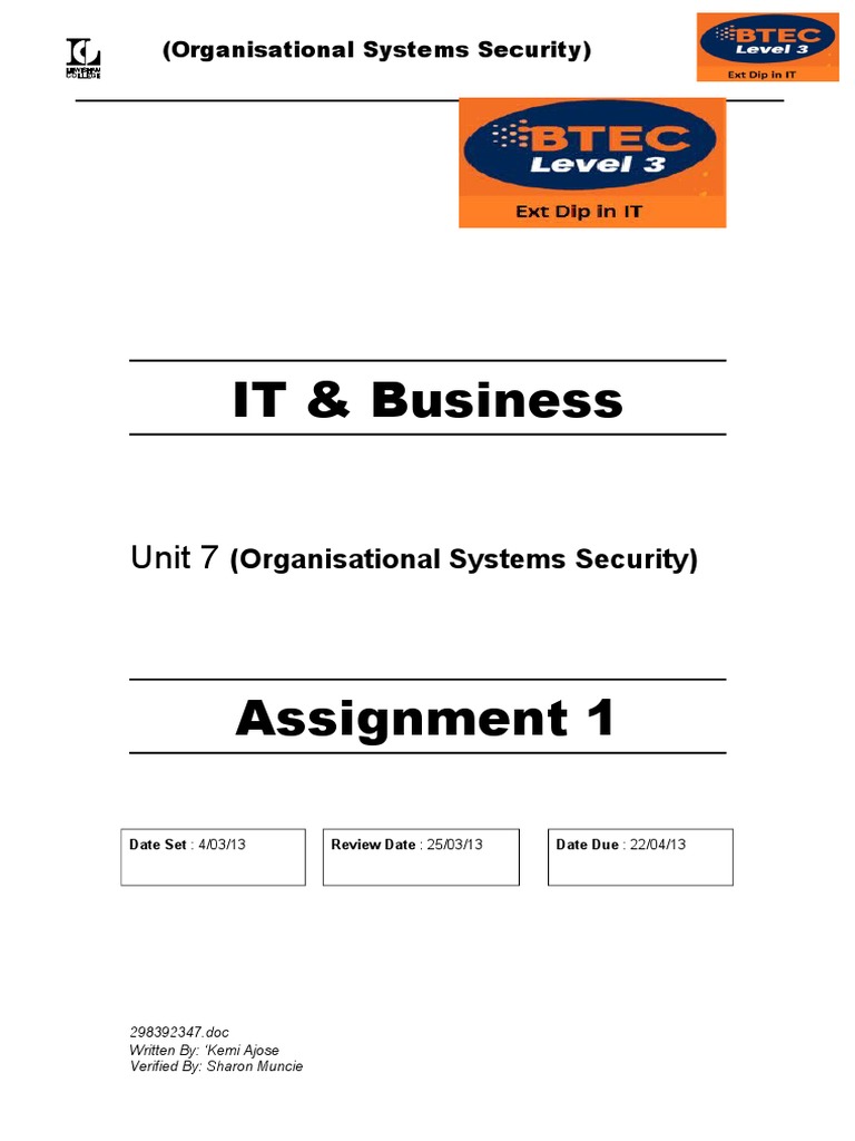 BTEC Level 3 Organisational Systems Security Assignment 1 | PDF ...