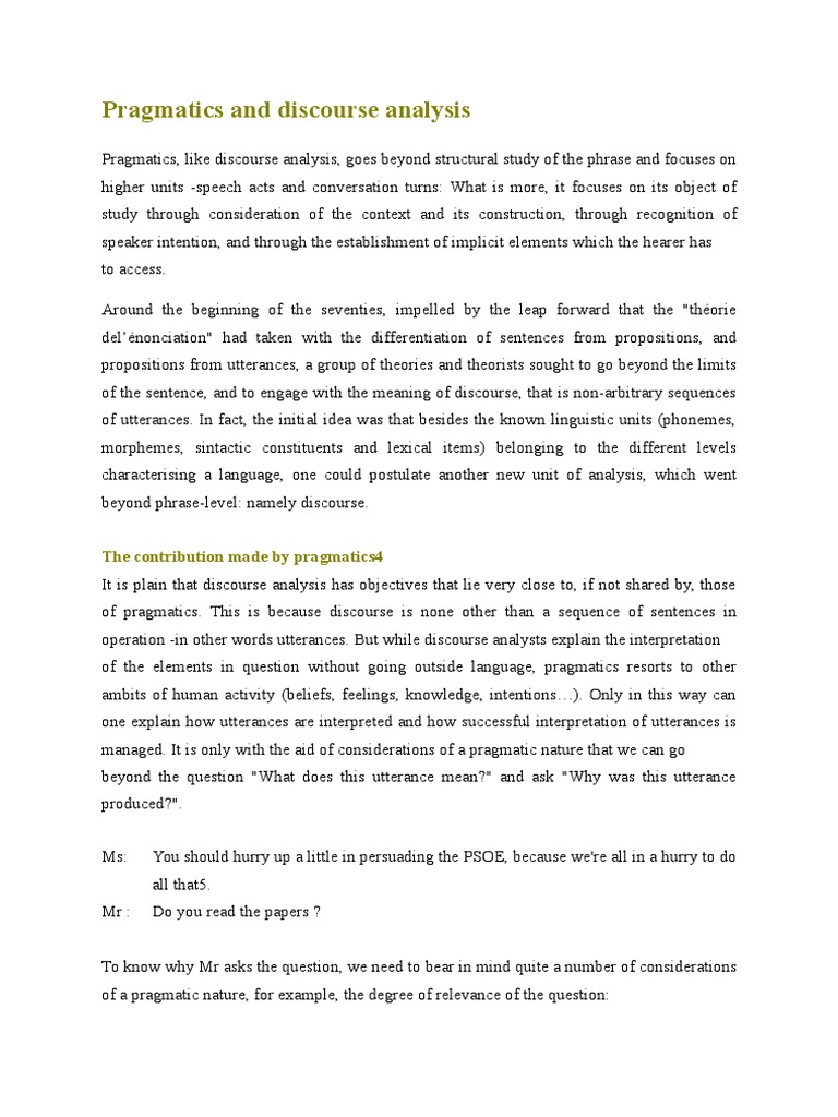 Pragmatics in Discourse Analysis | PDF | Ellipsis | Genre