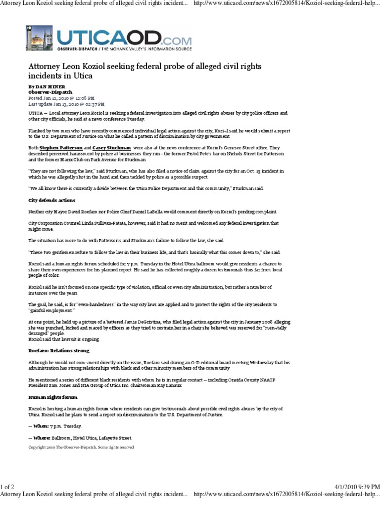 1/12/2010, Utca OD, Attorney Leon Koziol Seeking Federal Probe of