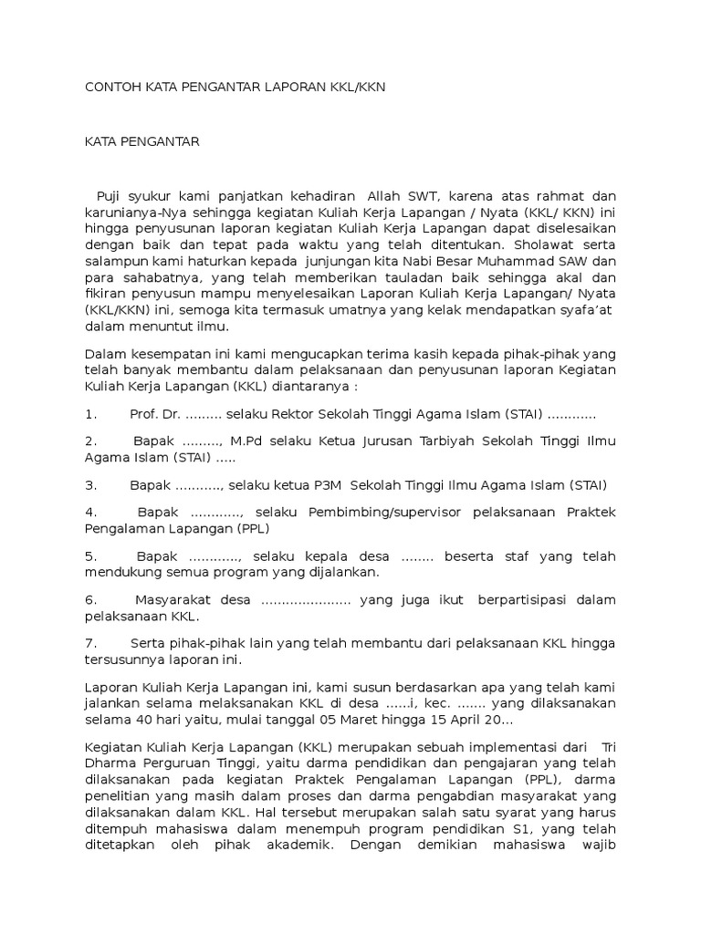 Contoh Kata Pengantar Laporan Kkl Kkn