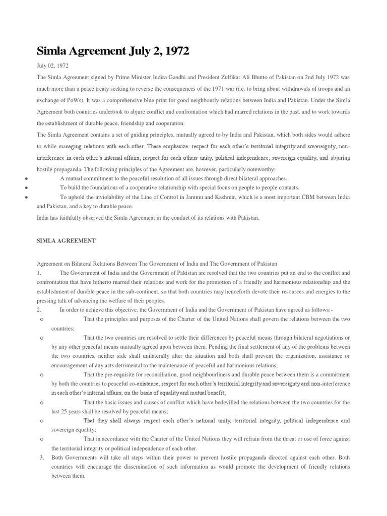 Simla Agreement July 2 1972 IndiaPakistan Relations Pakistan